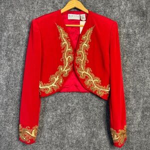 Oleg Cassini Jacket Women 6 Red Gold Bolero Jacket Sequins Formal Evening Vtg‎